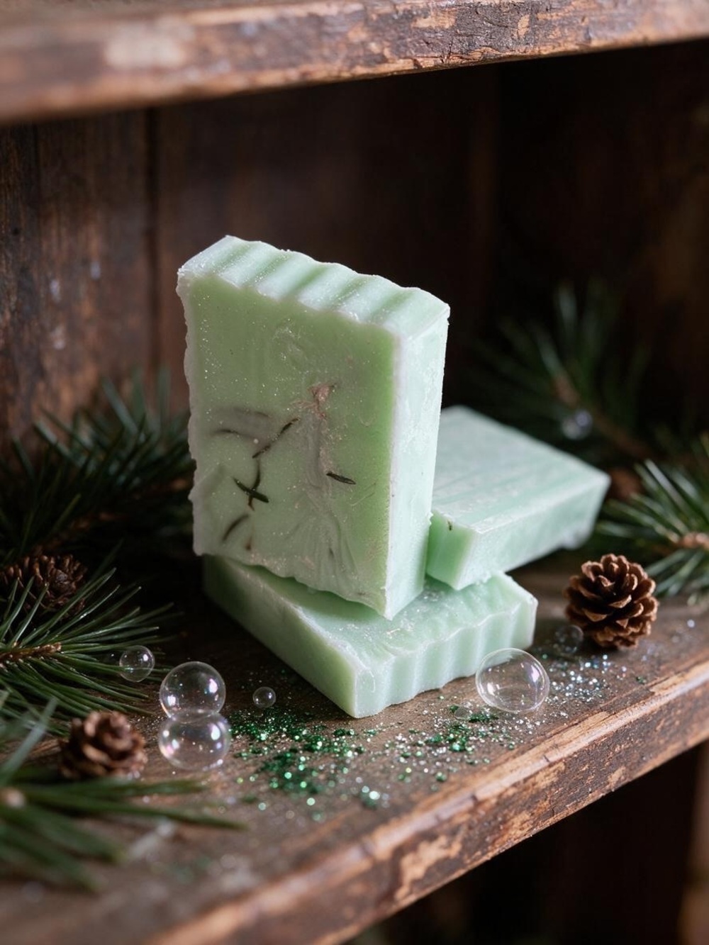 Handcrafted Frosted Pine Needle Green Triple Butter Artisan Soap Bars- 3 oz